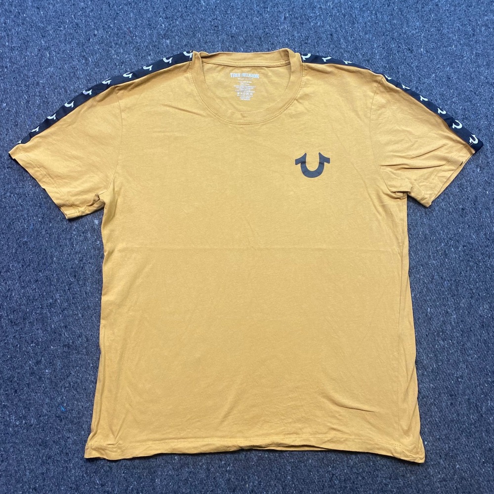 True Religion Shirt Sz L Mens Yellow Streetwear Horseshoe Logo Tape Sleeve